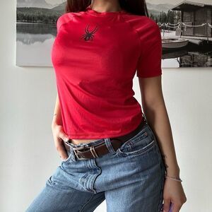 y2k Red spider baby tee causal sporty red stretchy tee